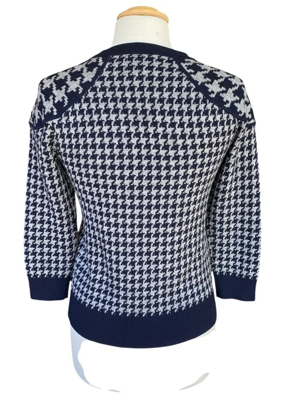J Crew Houndstooth 100% Merino Wool Sweater Navy Gray Academia Old Money Prep-S
